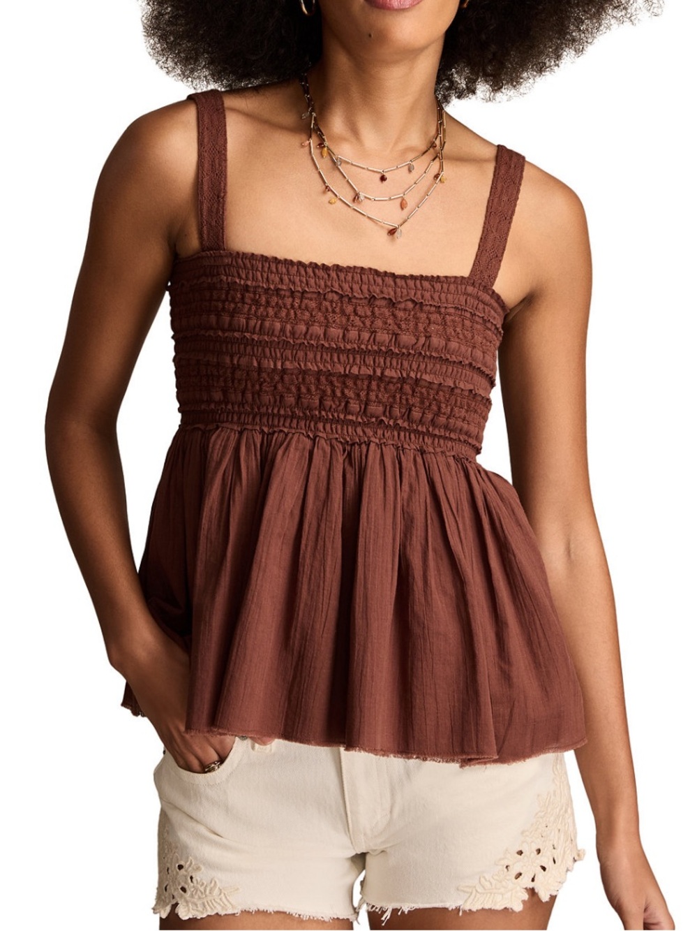 Lucky Brand 🌀NWT! Smocked Square-Neck Peplum Tank Top - Brown